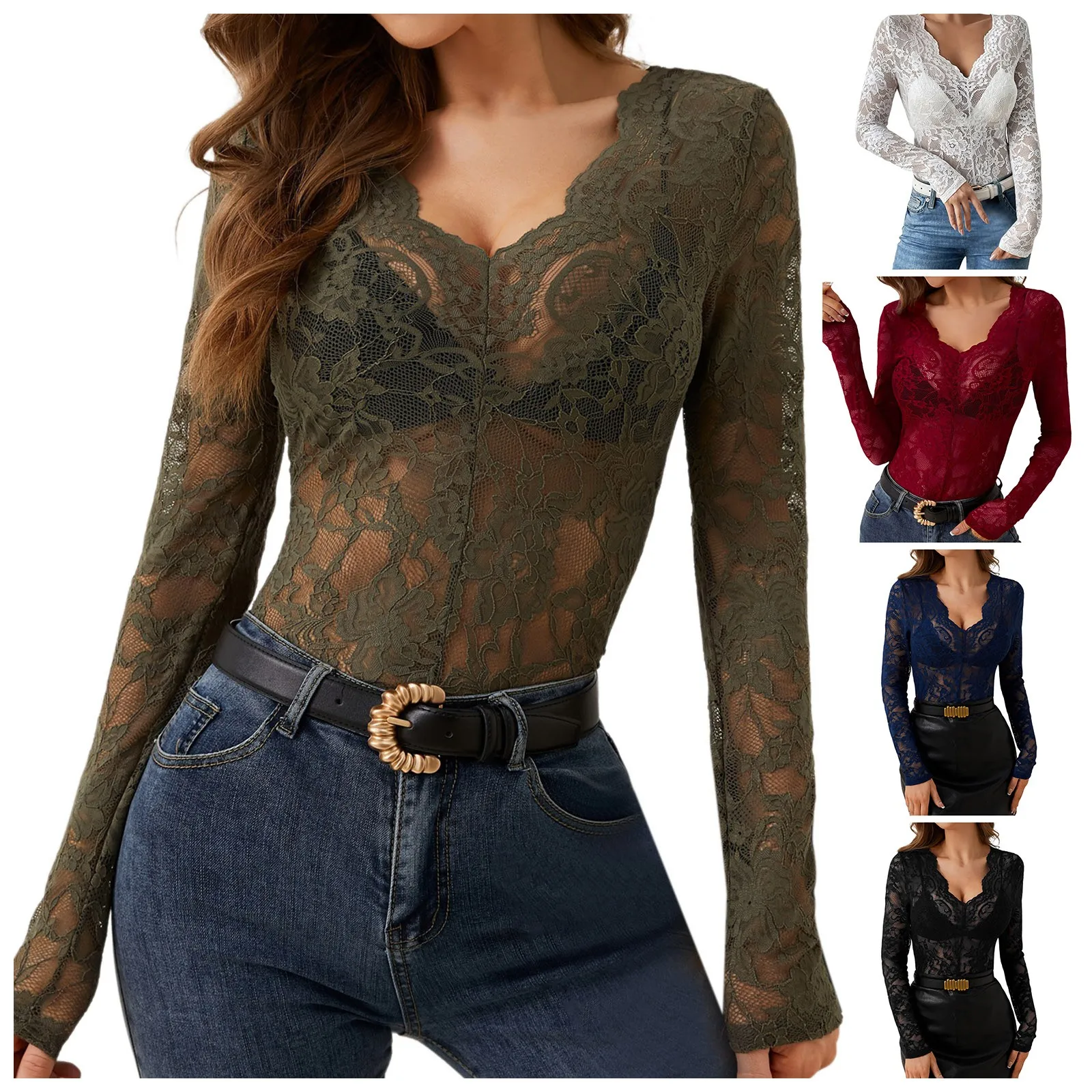 Women's Mesh Top Lace Sheer Sexy T Shirt Women Elegant V Neck Slim Tops Female Fashion Solid Color Long Sleeve Shirts For Womon