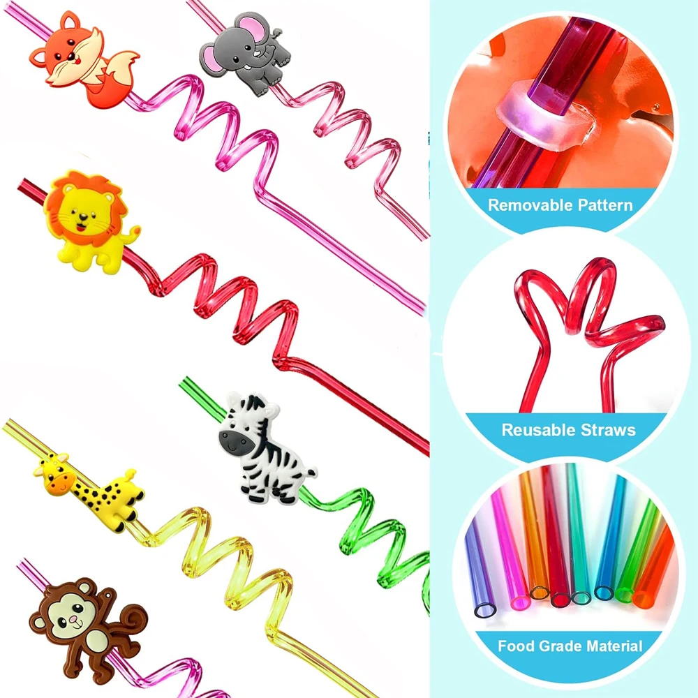 8 Reusable Plastic Straws for Jungle Animals Lion Fox Zebra Giraffe Hunting Birthday Party Supplies Party Gifts