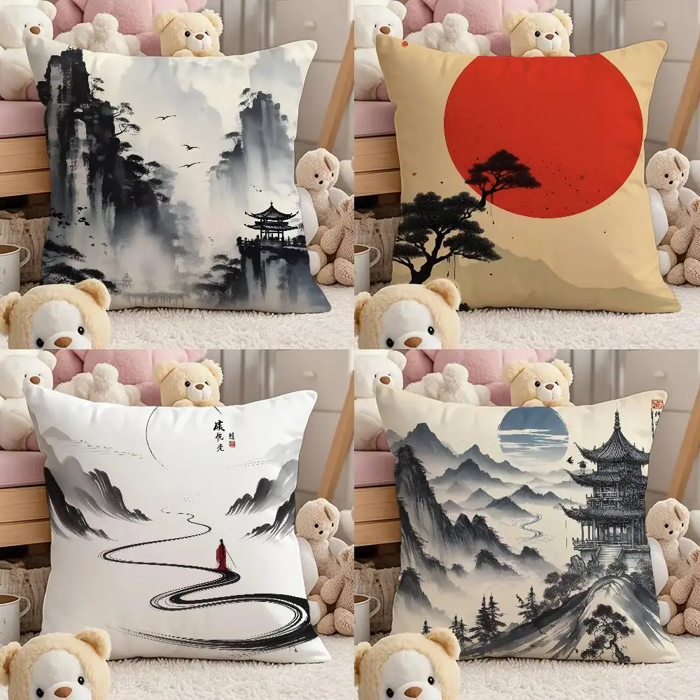 

Chinese Ink Painting Style Pillow Case Comfort Sofa Bed Silky Elegant Invisible Zipper Custom Decorative Cushion Cover
