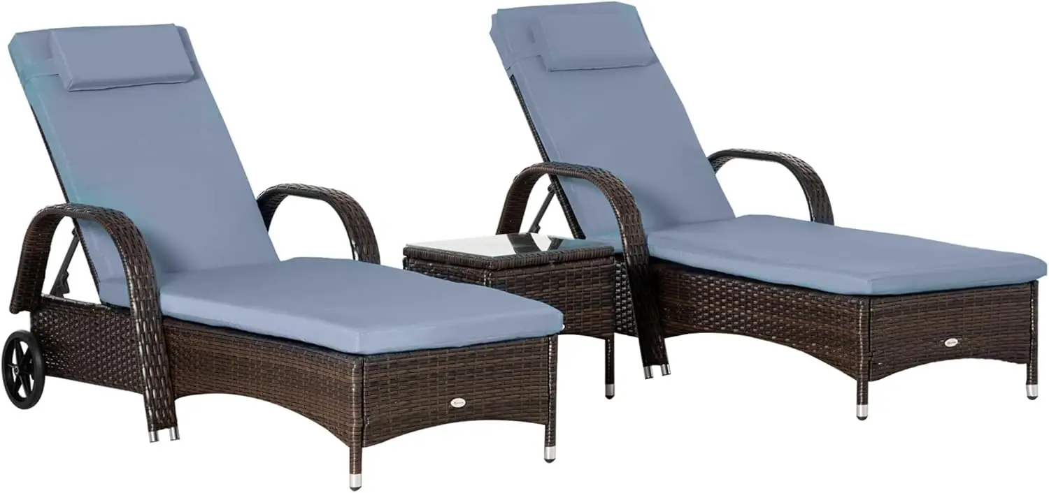 

Wicker Outdoor Chaise Lounge Chair Set of 3 with Side Table, 5-Level Adjustable Backrest PE Rattan Pool Lounge Chair with Wheels