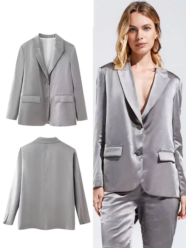 

HH 2025 Women's Autumn Elegant Blazer Metallic Glossy Solid Long Sleeves Lapel Single Breasted Office Lady Commuting Coats