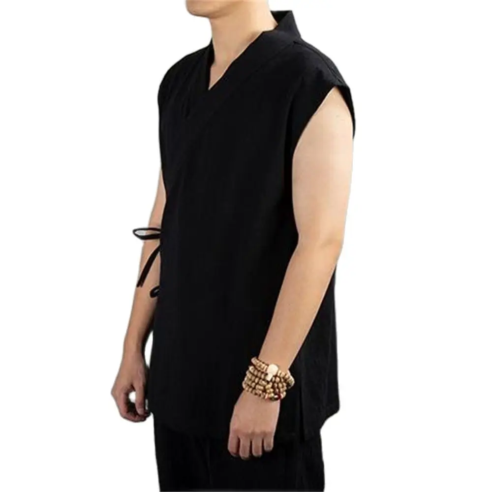 Chinese Traditional Clothing Hanfu Vest Men Linen Cotton Sleeveless Top Men's Tang Suit Kimono Cardigan Men's Slit Top