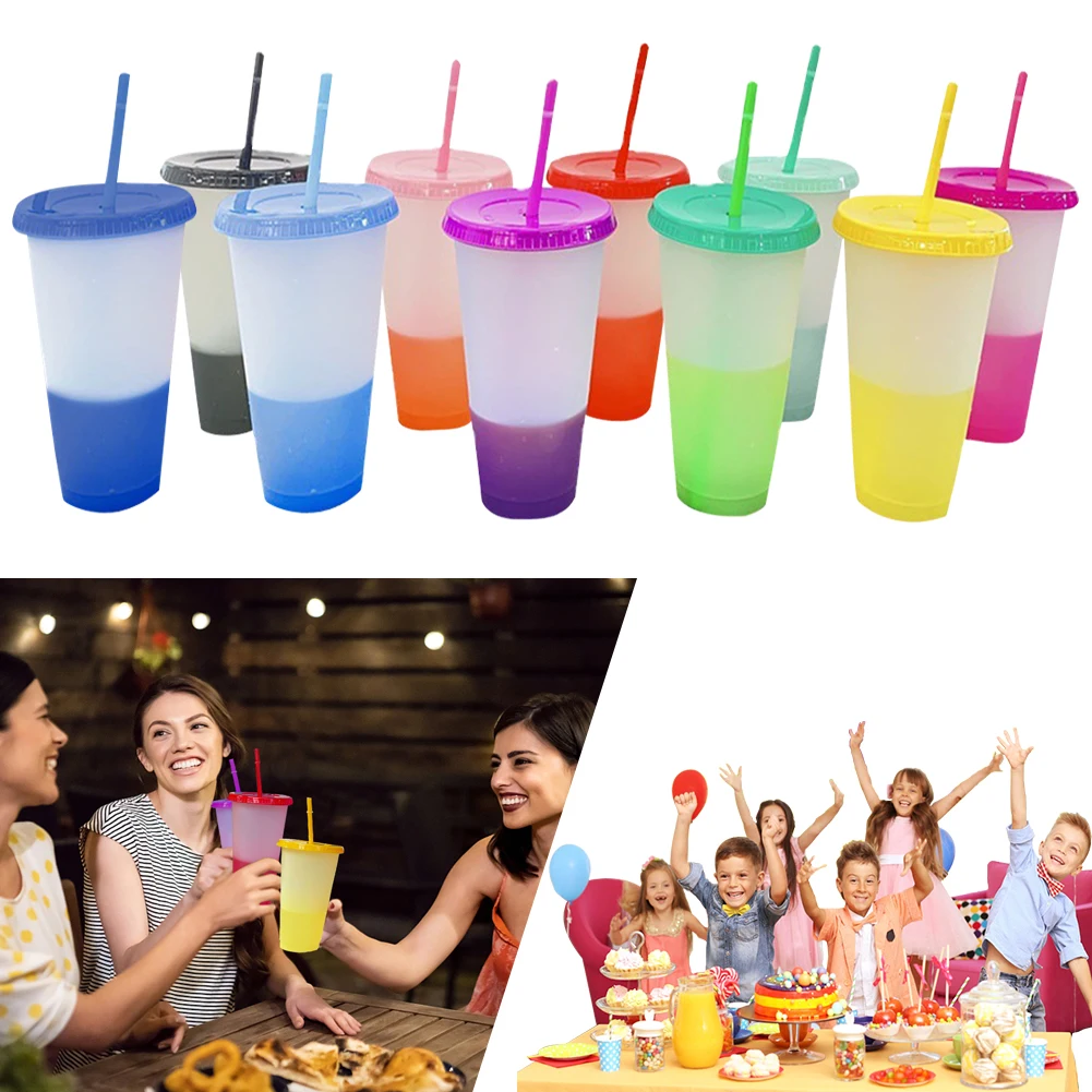 

10 Pcs Reusable Plastic Cups BPA Free Color Changing Cups Cold Iced Coffee Cups 24 OZ Party Funny Tumbler for Kids Adults Party