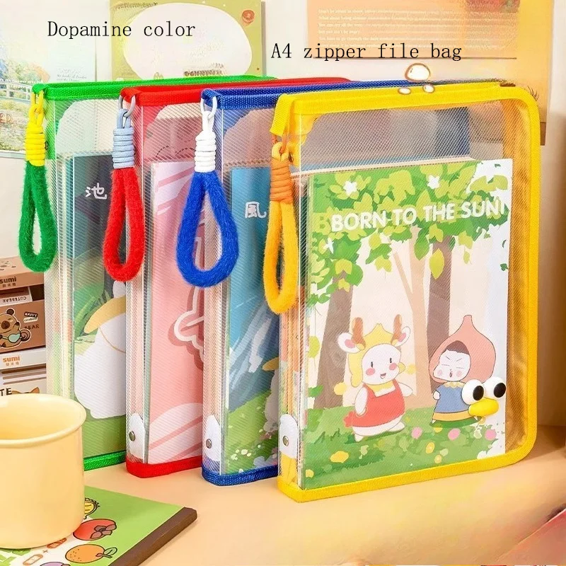 

Thick Waterproof Macaron Color Large Capacity Transparent A4 File Bag Zipper Closure Hand-held Storage Bag
