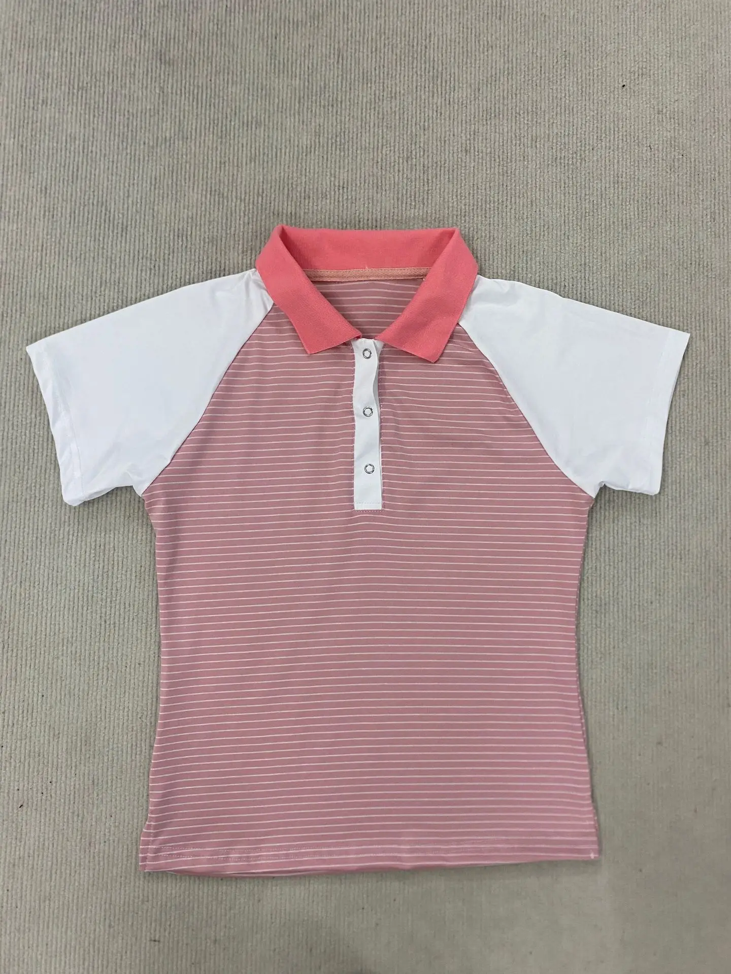 

Pink White Color Block Striped Polo Shirt Raglan Short Sleeve Collared Slim Summer Casual Sport Top