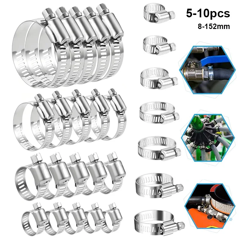 5-10pcs stainless steel hose clamps adjustable 8-152mm worm gear hose clamps for pipeline, automotive, mechanical applications