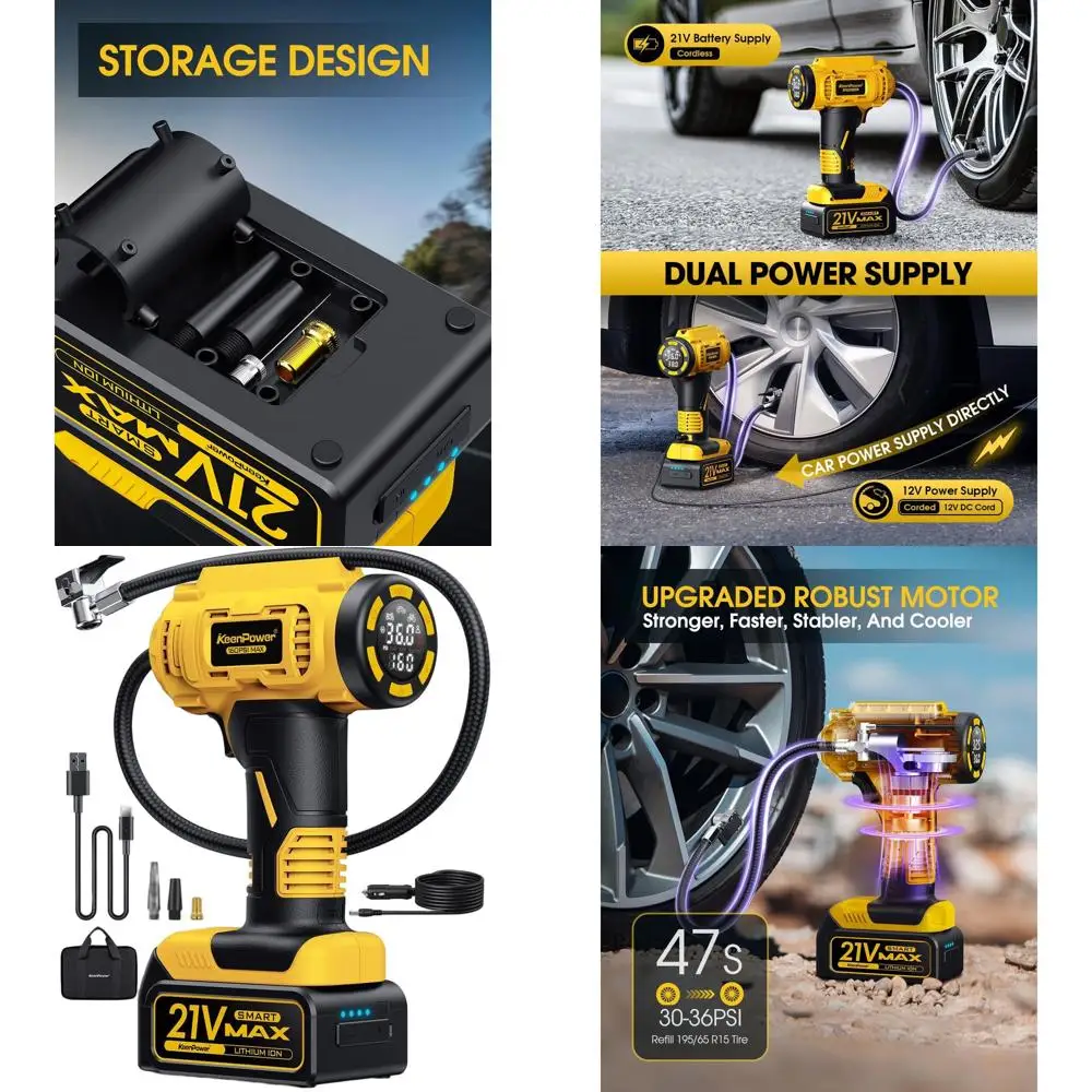 

Portable 160PSI Cordless Tire Inflator with Rechargeable Battery, Dual Power, HD Digital Gauge & 4+N Smart Modes - Yellow