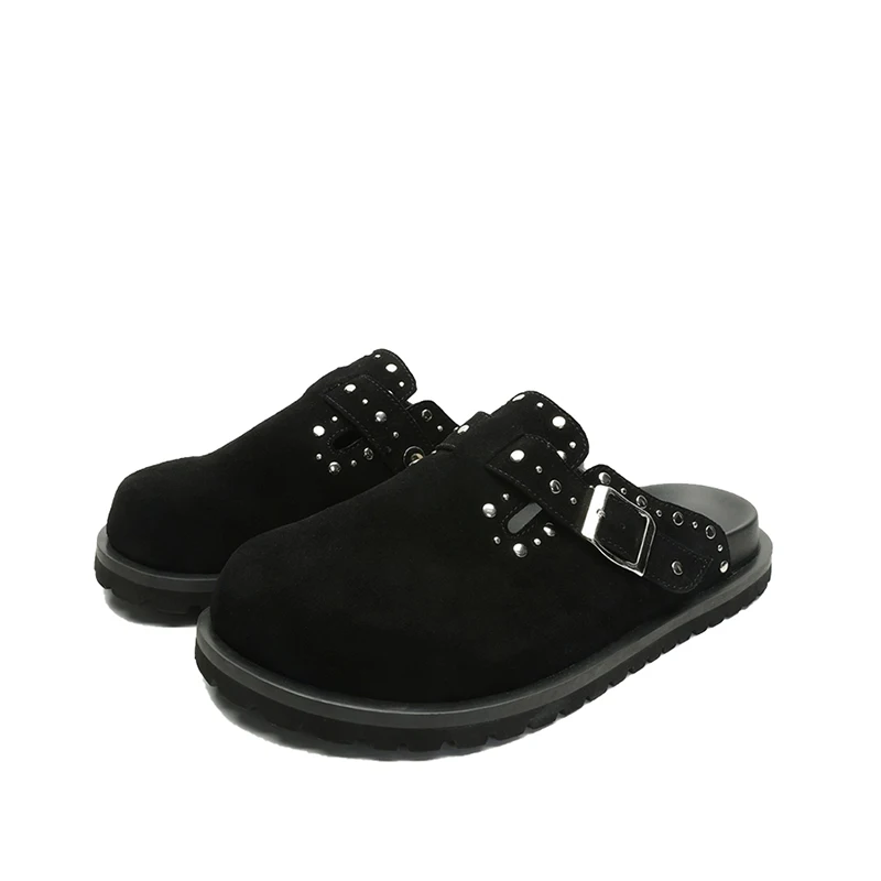 

New anti velvet cowhide Baotou Birken slippers for men with height increase thick sole no heel M uller shoes for commuting