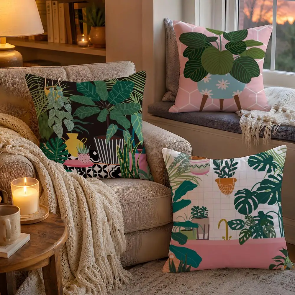 Botanical House Plants Boho Retro Vase Cushion Cover Square Plush Pillow Cover Soft Fuzzy Removable Washable Bed Bedroom Decor