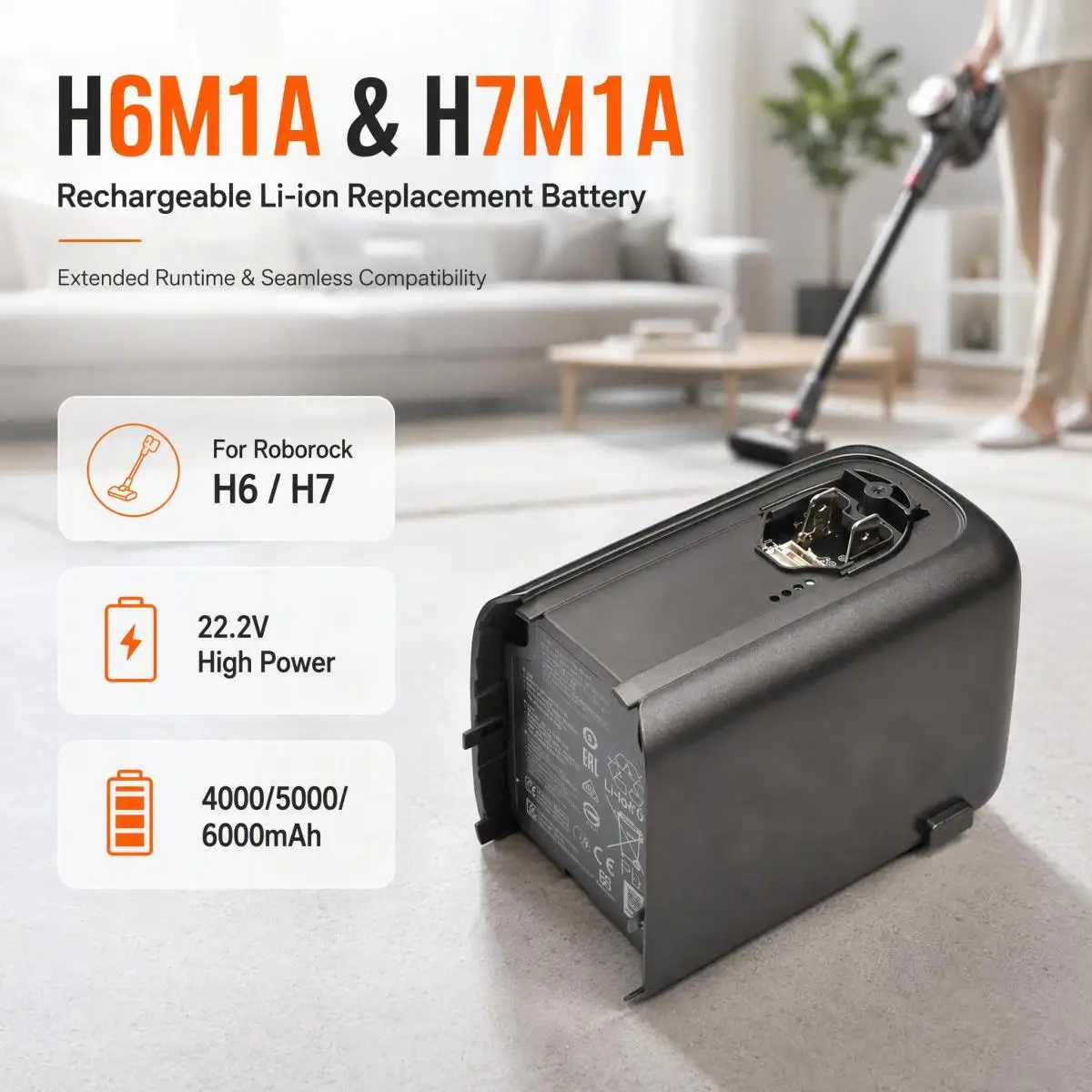 H6M1A H7M1A 22.2V 4/5/6Ah Rechargeable Li-ion Replacement Battery for Roborock H6 H7 Cordless Handheld Stick Vacuum Cleaner