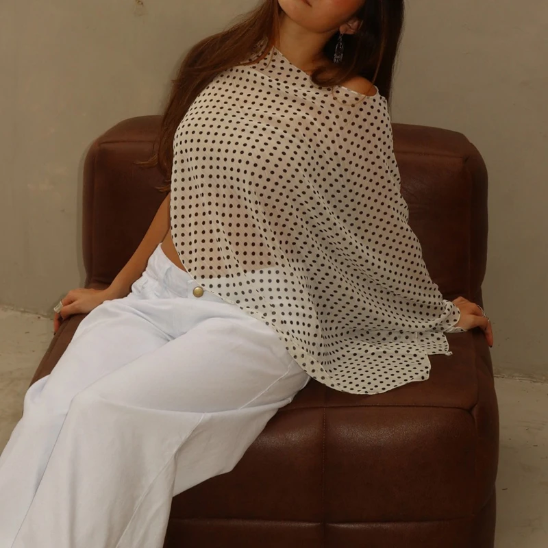 

Women's Beach Bathing Suit Cover Ups Y2k Dot Print Off Shoulder Summer Chiffon Sheer See Through Blouse Shirts Tops