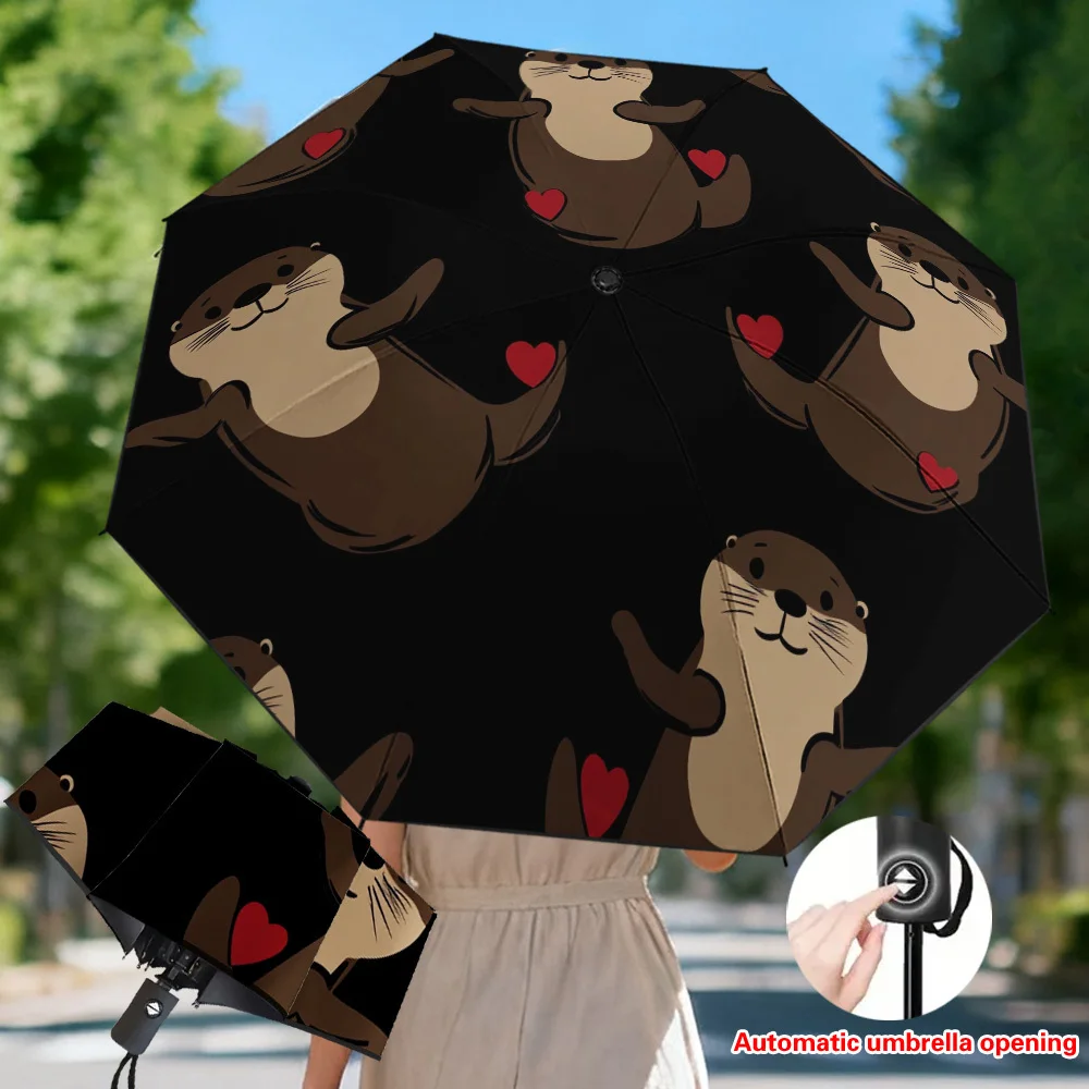 

1pc Cute Otters with Hearts Automatic Folding Umbrella - & 8-Rib Reinforced Frame, Compact Lightweight Portable Sunshade for &