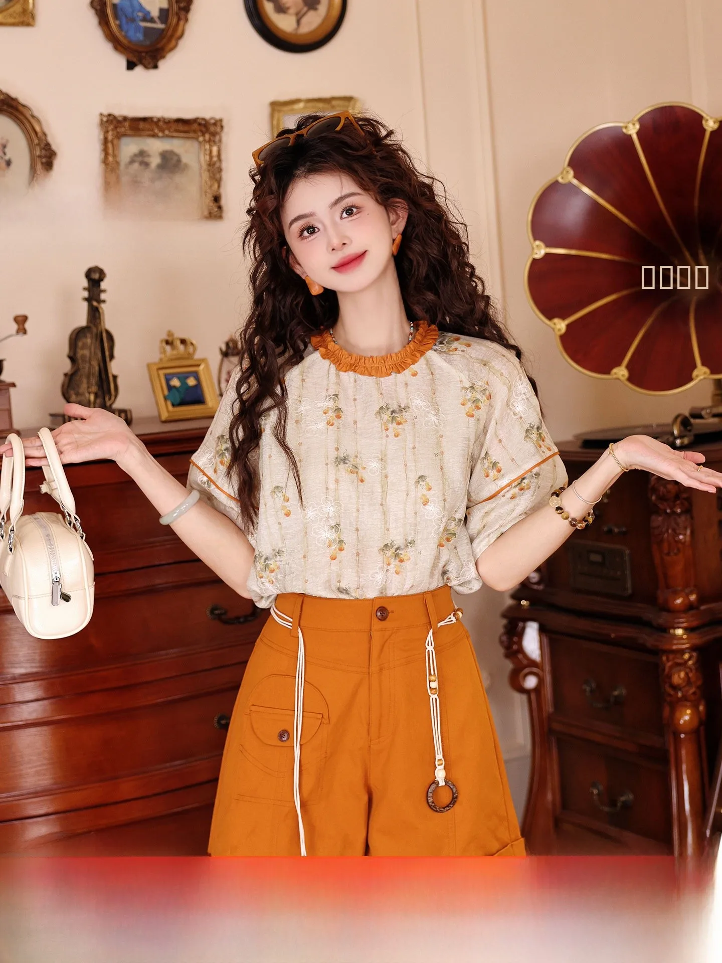 

Chen Jiajie Orange Yogurt Retro Hong Kong Sle Summer irt Loose Versatile Top Breathable Polyester ort Sve round Ne