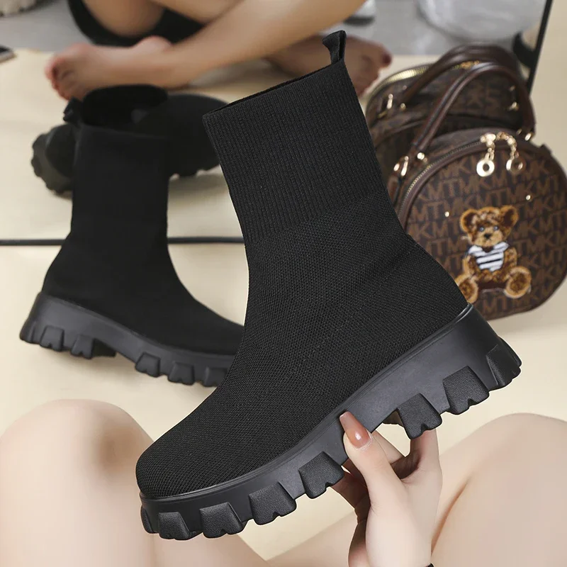 Classics Autumn Winter New Socks Shoes for Women Thick-soled Casual Knitted Slip-On Short Boots Plus Size Botas De Mujer