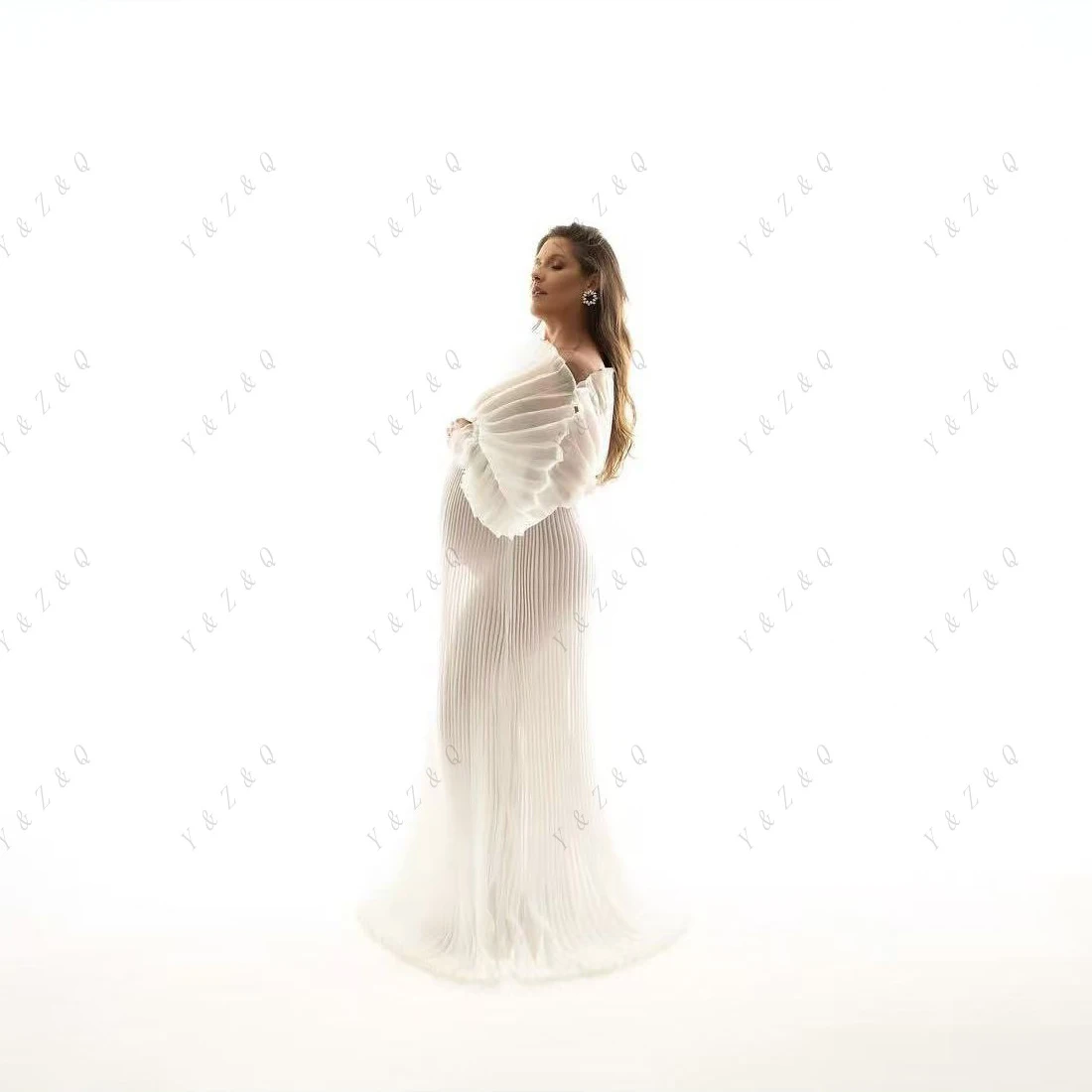 استحمام الطفل التصوير قبالة الكتف شير طويلة الأكمام فستان حمل التقطت الصور الأورجانزا الطية فستان الحوامل امرأة مثير