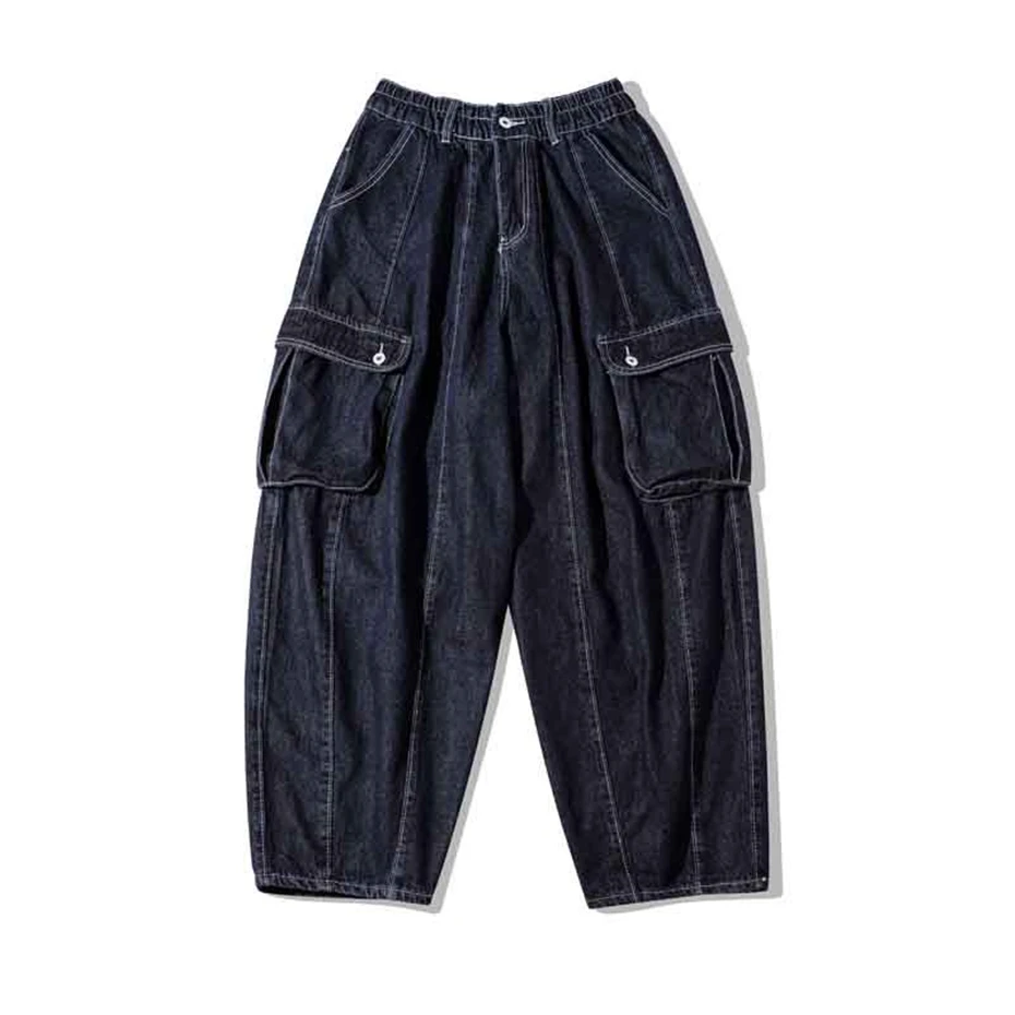 Vintage Blue Casual Jeans Mens Streetwear Harajuku Cargo Trousers Men Multiple Pockets Baggy Wide-leg Lantern Denim Pants Male