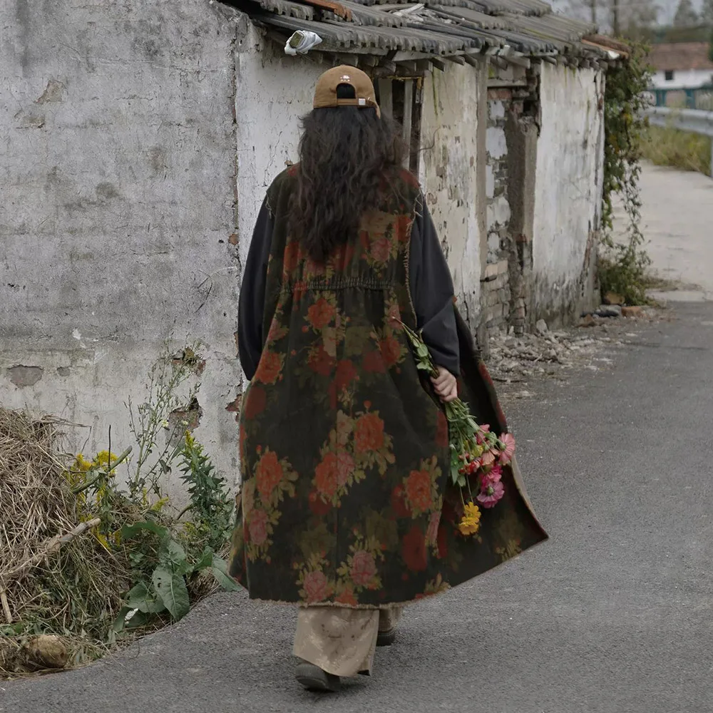 Original Cord bedruckte Patchwork-lange Windjacke für Damen, lockerer, beschädigter Schnitt, Schnür-Retro-Cardigan in Übergröße vorne