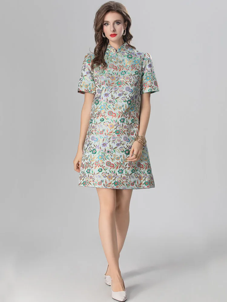 

Fashion Women Cheongsam Dress Summer Autumn Women Jacquard and Beading Vestidos Mandarin Collar Short Sleeve Elegant Lady