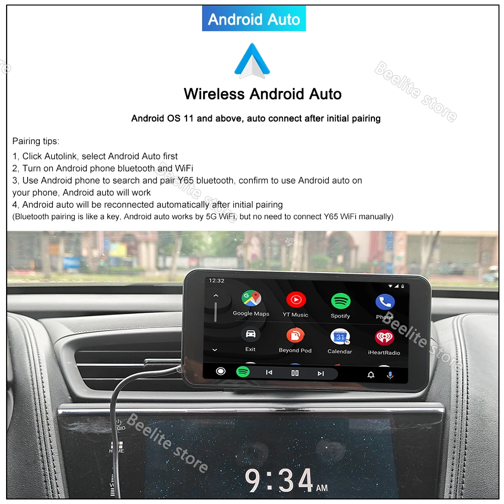 Beelite 6.5 inch in Car Wireless CarPlay and Android Auto Monitor, Bluetooth FM AUX Audio Output, Rotatable Airvent Bracket