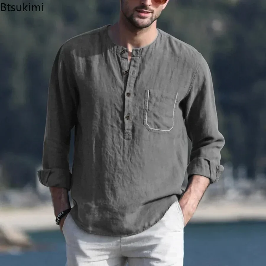 2025 Men's Cotton Linen Shirts Solid Casual Blouse Crew Neck Long Sleeve Tee Shirt Summer Autumn Soft Men's Shirts Camisetas