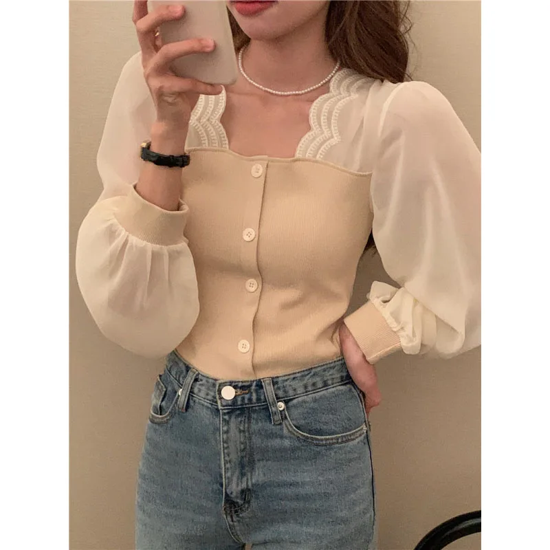 

Spring Autumn New Women's 2024 Color Block Square Collar Button Spliced Long Sleeve Fashion Simplicity Sweet Slim Shirt Tops