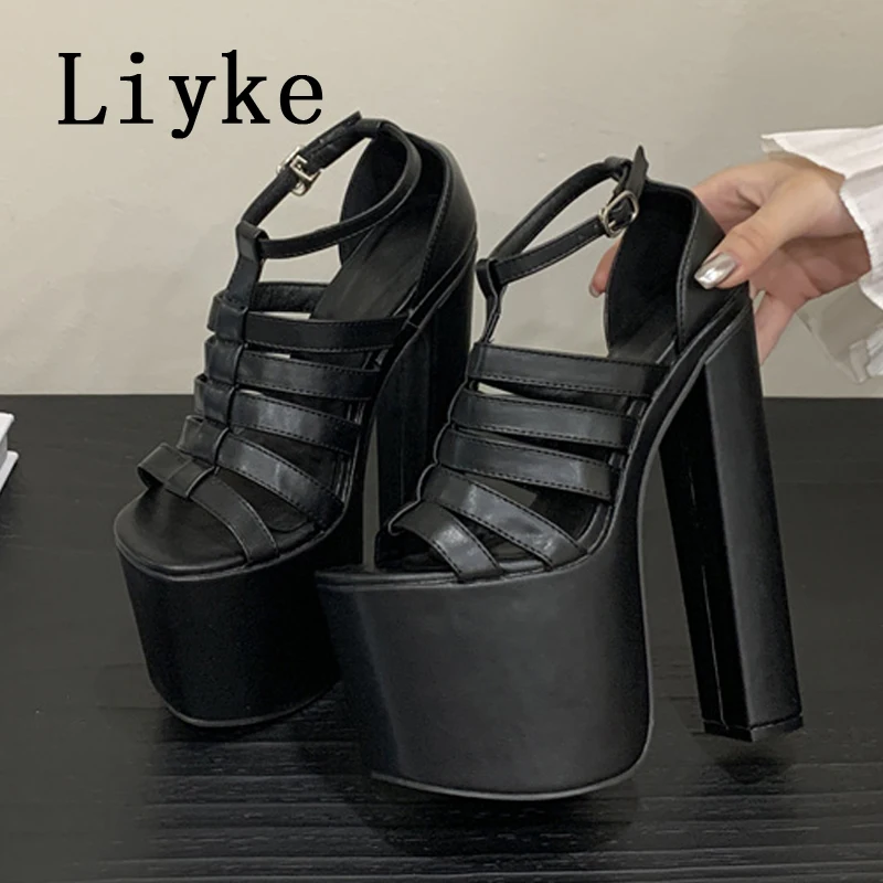 

Liyke/летние сандалии на платформе 8,5 см, женские туфли с узкой полосой и открытым носком, туфли на массивном высоком каблуке 18 см, вечерние банкетные модельные туфли черного цвета