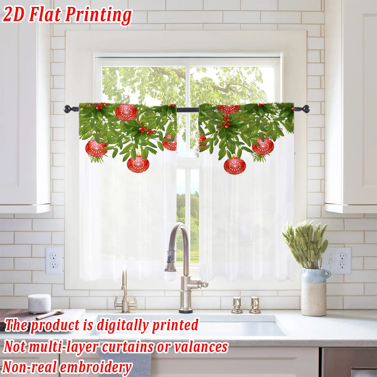 Christmas Flat Printing Kitchen Sheer Curtain with Merry Christmas Ball Pine Branch Mistletoe For Christmas Home Decor  Party