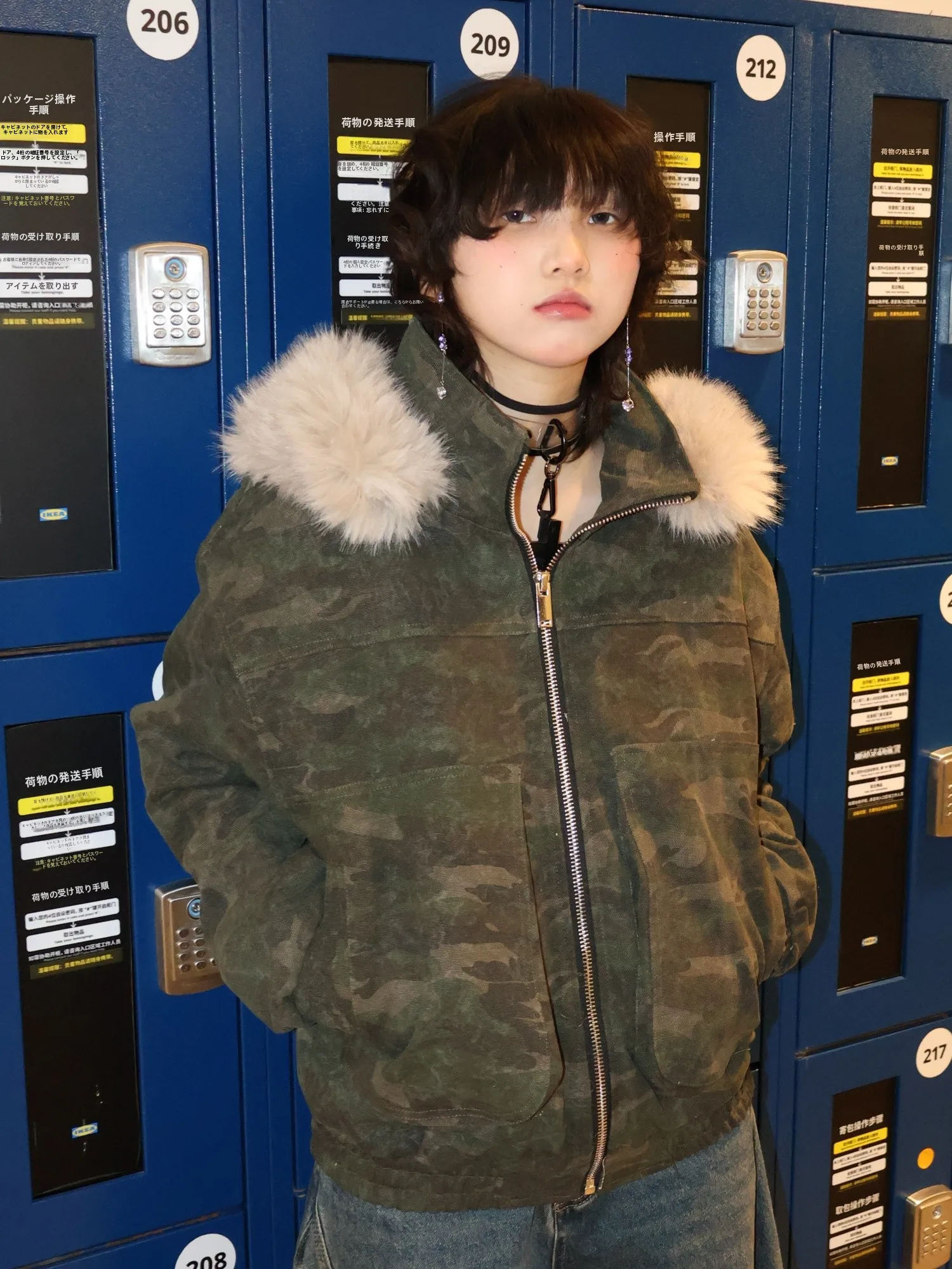 

ex Loose Fit Thiened Hooded Cotton Jaet American Camouflage Sle with Removable Fur Collar Warm Workwear Coat