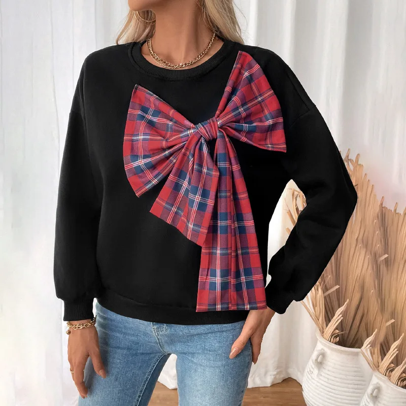 New Round Neck Plaid Patchwork Hoodie with Thick Bow Top