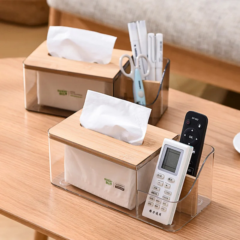 Bamboo Lid Tissue Holder Plastic Clear Multi-Function Tissue Box Kitchen Dining Table Tissue Dispenser Desktop Napkin Container