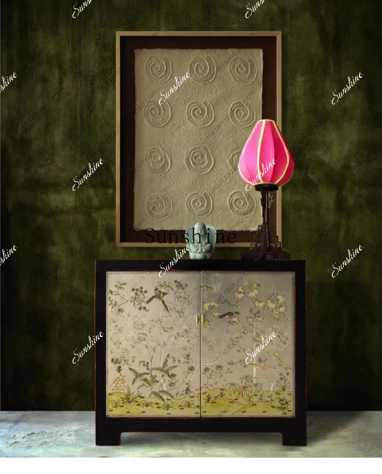 New Chinese retro silver foil hand-painted solid wood narrow living room dining side cabinet integrated against the wall  FT