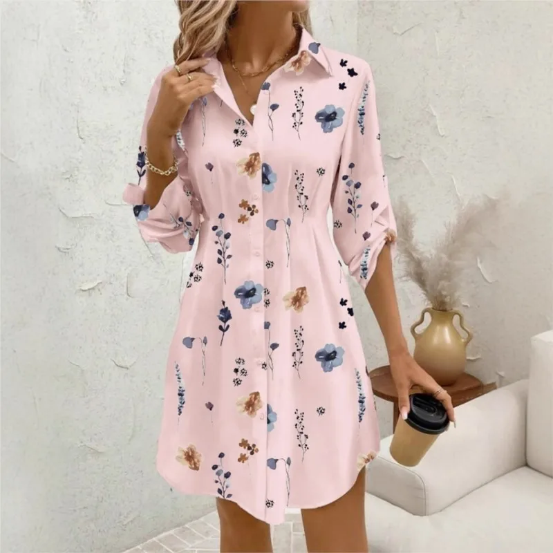 Women's Floral Printed Shirts Dress Autumn New Elegant Lapel Folds Slim Waist Mini Dresses For Women Vestidos Casual Long Shirt