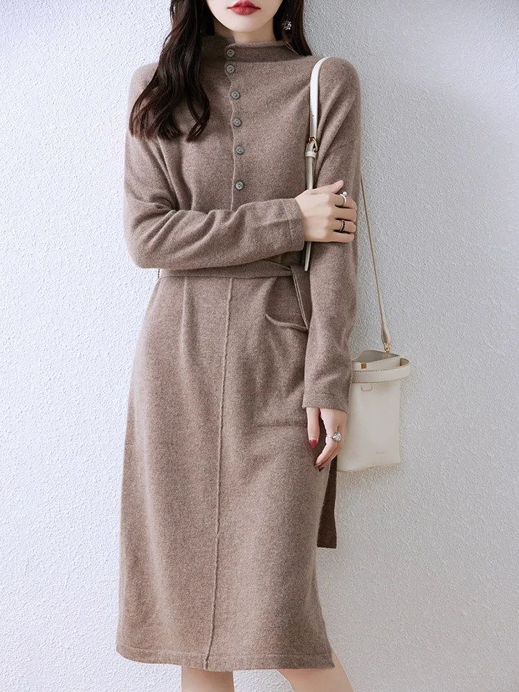 ANGEL 100% Merino Wool Women Dress Sweater Autumn Winter  Mock Neck Knitwear Pullover Buttons Lace-up Cashmere Pocket Cozy Skirt