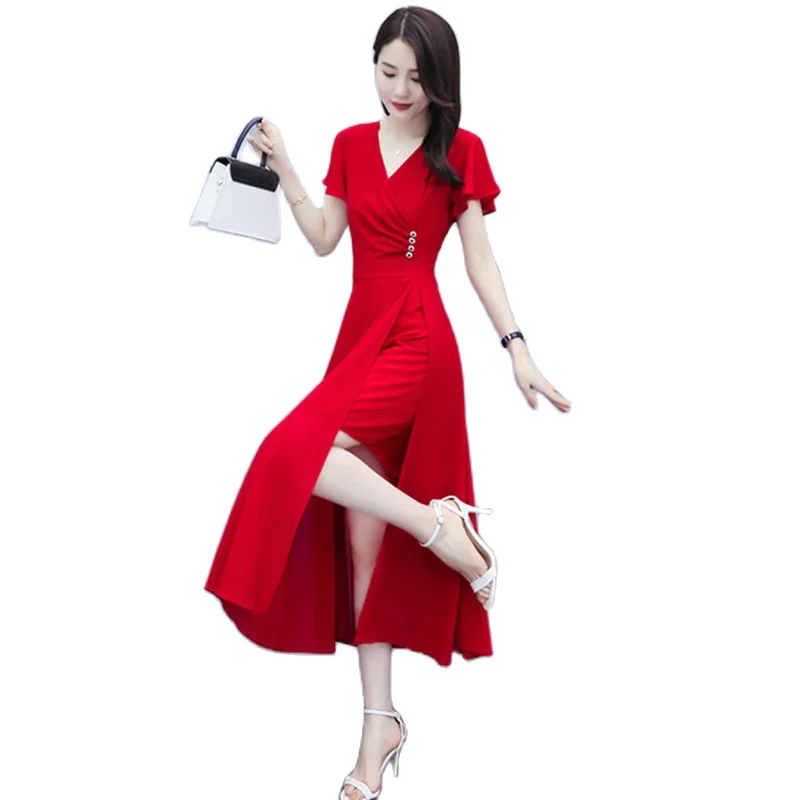 M-3XL Women Chiffon Long Dress Summer 2024 New Fashion Elegant Short-sleeve Split Hem Slim Thin Full Dresses Female Red Black