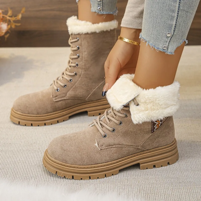 

Fleece Lace-up British Snow Floor Boots for Women 2026 Winter with Fleece Warmth Thick-soled Large-sized Women's Boots，35-42