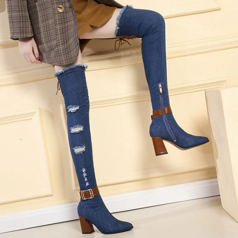 

Women Over The Knee Boots Denim Look Upper Distressed Ripped Design Block Heel Pointed Toe Buckle Detail Long Boots Daily Shoes