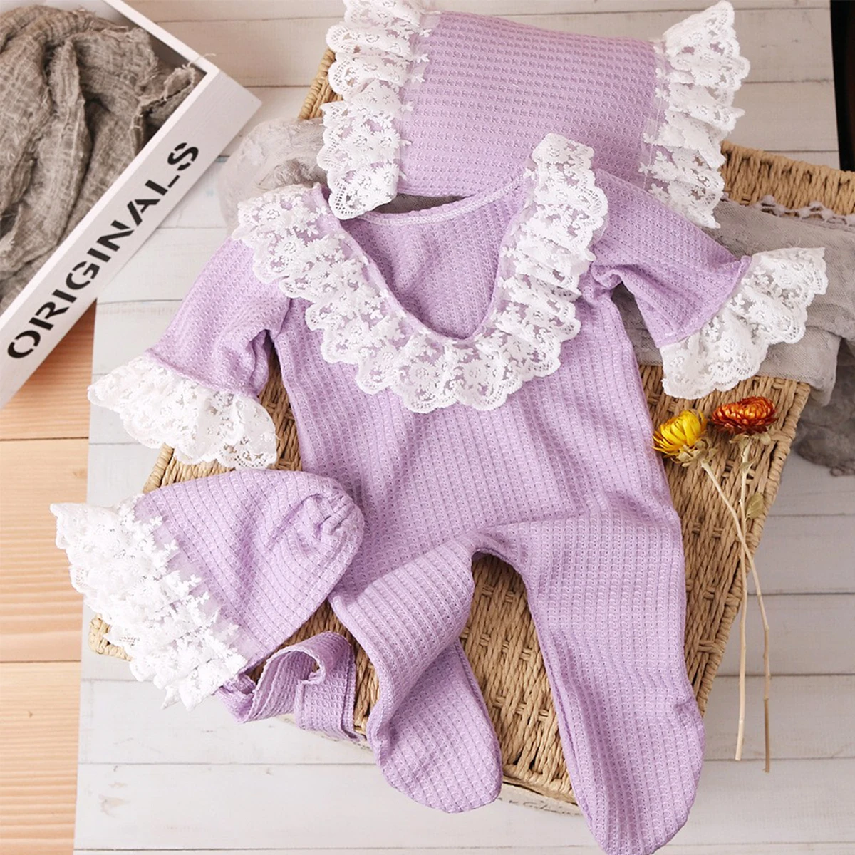 3 Pieces Set Newborn Girl Outfits for Photo Shooting Baby Girl Lace Jumpsuit with Hat and Pillow Set Infant Photography Outfits