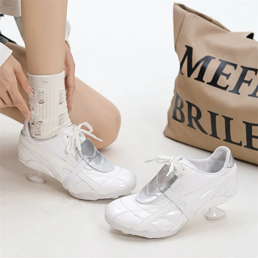 2025 New Women High Heels White Ballet Shoes Runway Women Lace-up Sports Shoes Casual Dress Pumps Strange Heel Sneakers