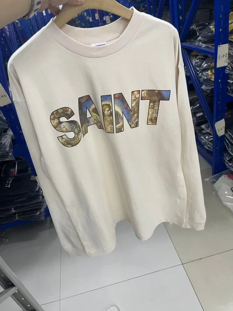 

Хлопковая футболка с длинными рукавами и принтом Saint, высококачественная дышащая ткань, повседневная свободная уличная одежда