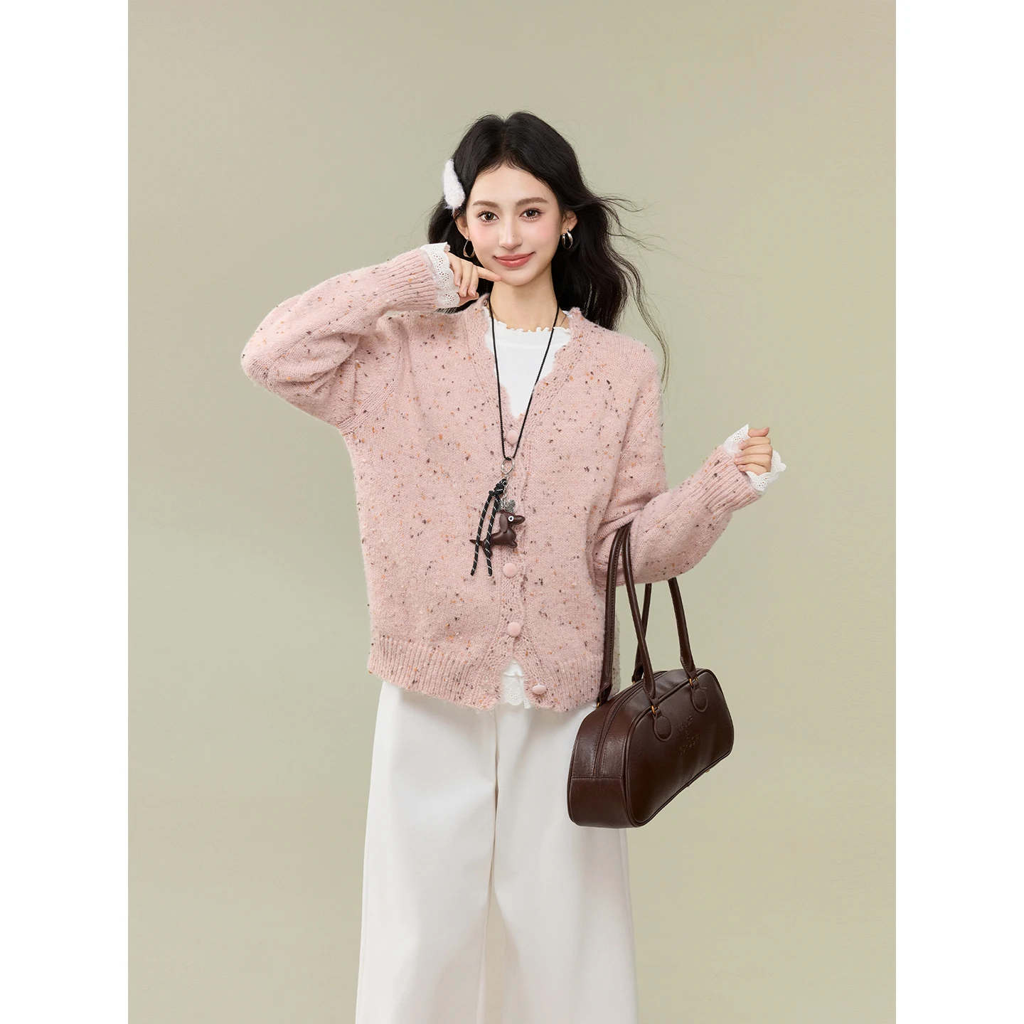 

Colorful Mixed Point V-neck Sweater Jacket for Women's Autumn and Winter Design, Pink Knitted Cardigan Top