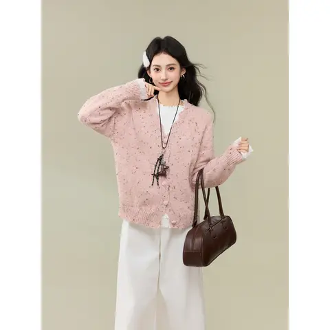 Colorful Mixed Point V-neck Sweater Jacket for Women's Autumn and Winter Design,  Pink Knitted Cardigan Top