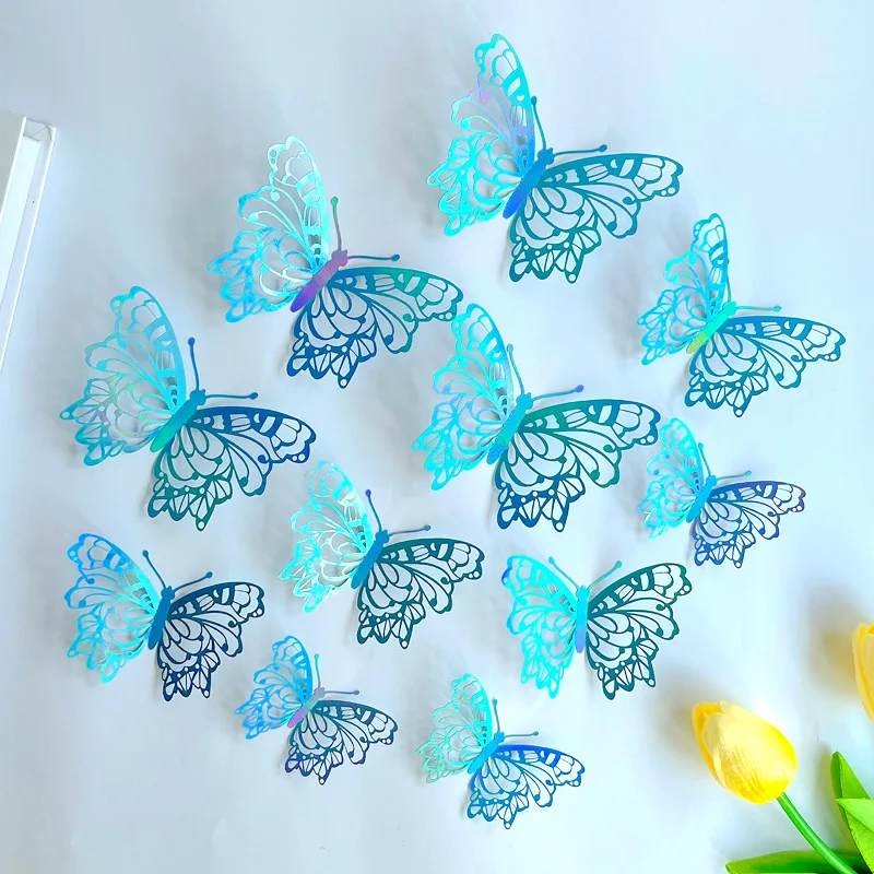 12Pcs/set 3D Hollow Butterfly Wall Sticker Bedroom Living Room Home Decoration Paper Butterfly Wedding Birthday Party Decoration