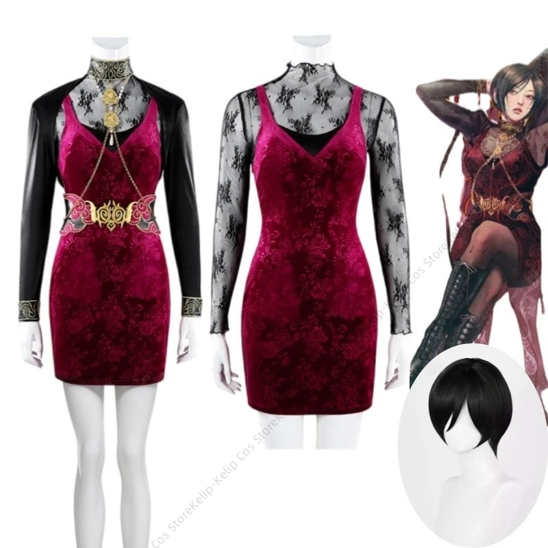 Ada Wong Cosplay Costume Red Velvet Dress Black Long Sleeve Outfit Halloween Carnival Comic Con