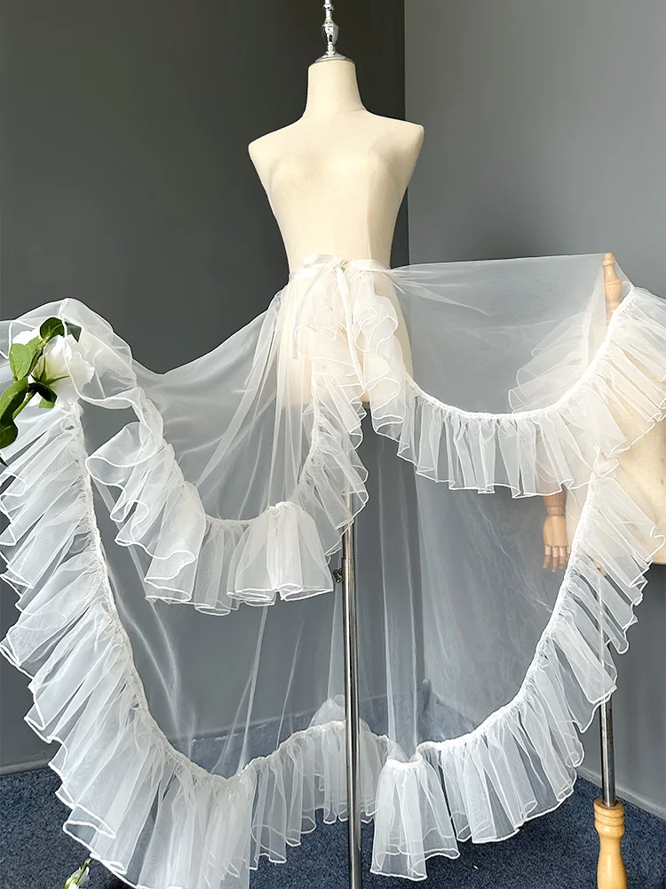 Asymmetrical Sweet Lolita Ruffles Mesh See Through Skirt for Women, Cute Curtain Sheer Cover Up, Beach Thin Long Skirt