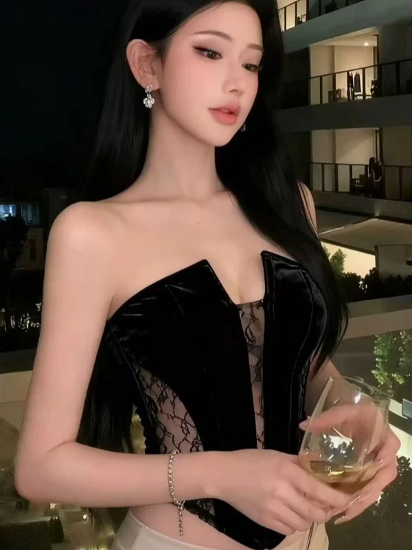 

Black Y2K Sexy Net Splice See-through Asymmetrical Tube Top Tank Short Music Festival Outfit Women's Fashion Crop Top