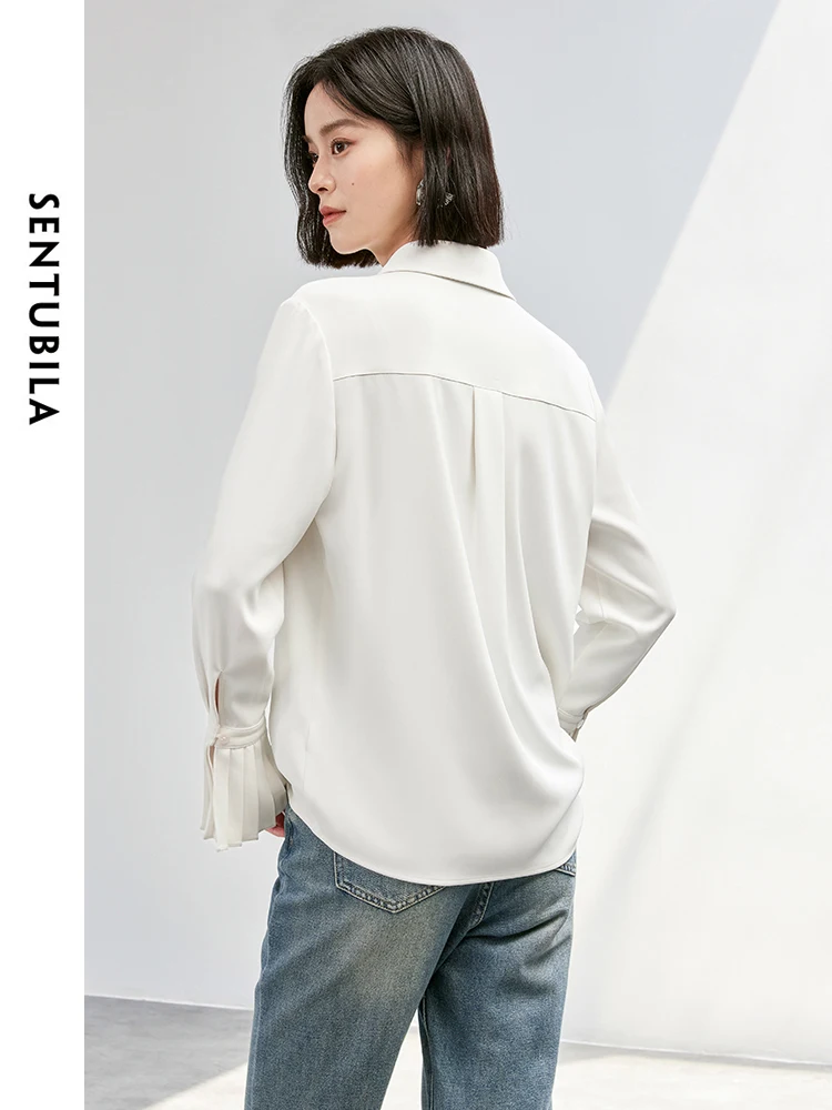 SENTUBILA Women Office Lady White Shirt   2024 Autumn Elegant Flare Sleeve Folds Turn Down Collar  Blouse 143C55273