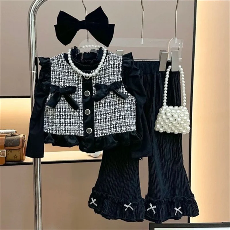 Girls Clothing Sets New Spring Autumn Kids Baby Girl 3pcs Clothes Suit Children Vintage Black Plaid Clothes Outfits 2-8Y