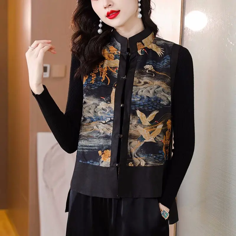 Chinese Vest 2023 Spring New Ethnic Style Retro Large Size Velvet Spliced Waistcoat Sleeveless Printed Reversible Coat Tops Z928