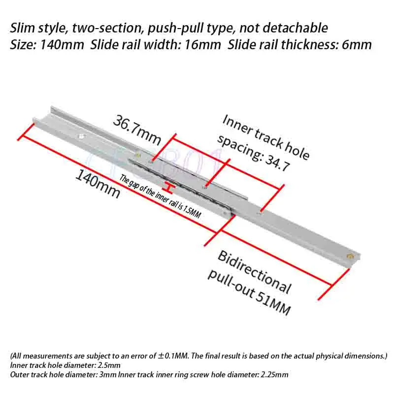 Mini Micro Slide Rail 16mm Width, Ultra-Short 2-Way Drawer Slide, Aluminum Alloy Narrow Guide Rail for Small Box Cabinet DIY