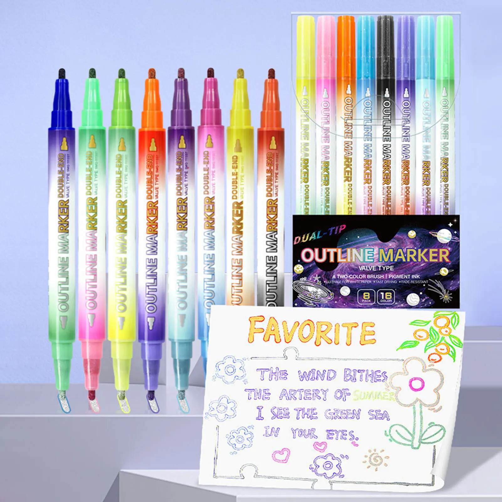 

16 Color Glitter Pens Graffitis Pen Outline Markers Pens Quick Dry Metallic Outline Markers Dual-Tip Pens For Students Scrapbook